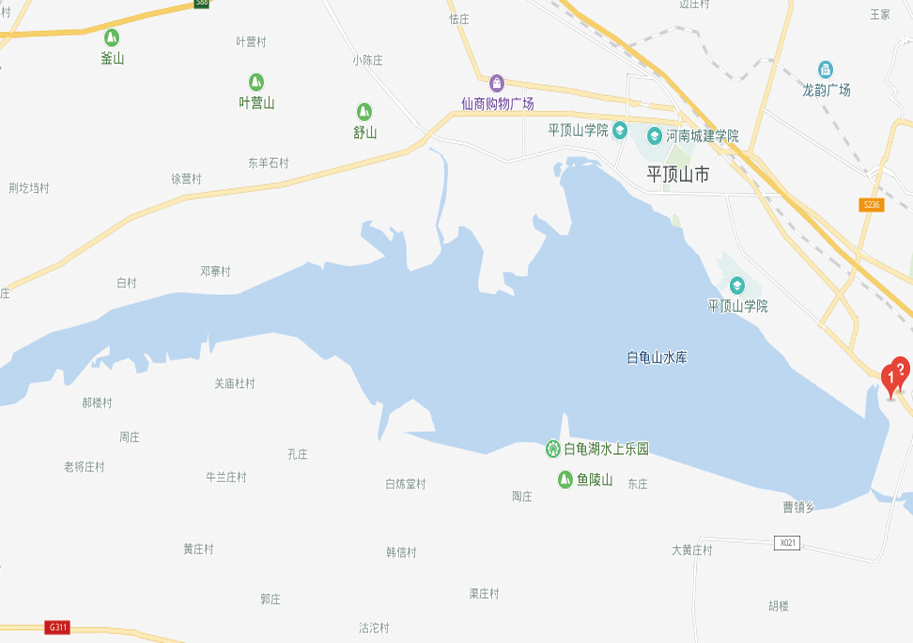白龟湖原称白龟山水库,又名平西湖.位于市区西南部,拦沙河蓄水而成.
